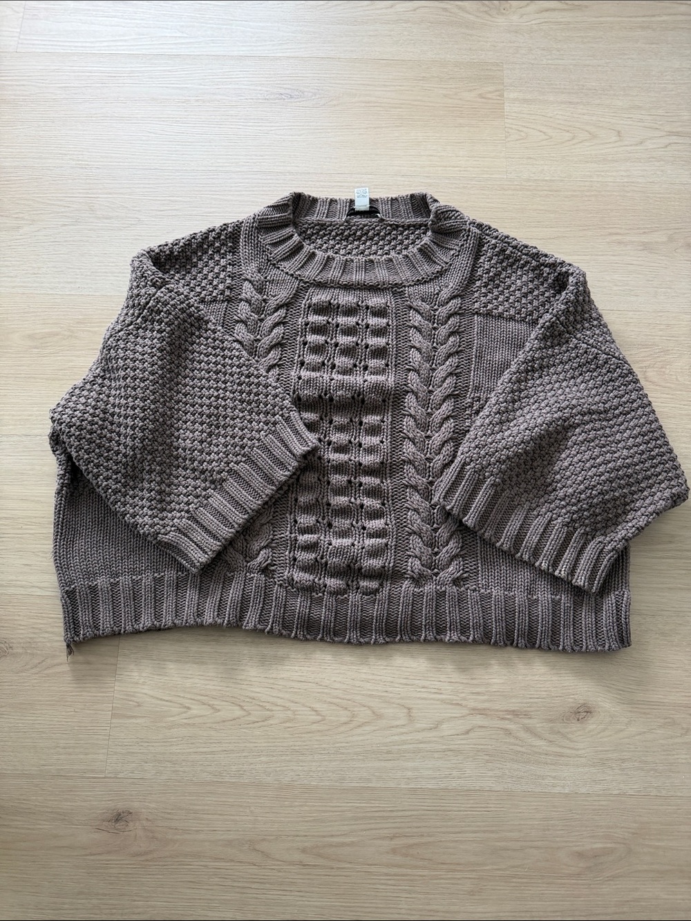 Autumn Cashmere Chunky Cable Crewneck Sweater in Taupe Brown